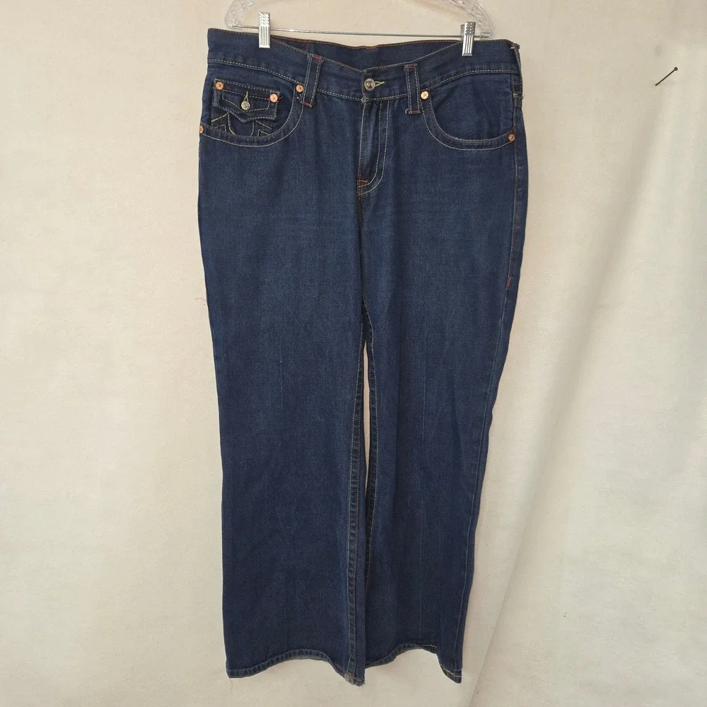 True Religion Joey Jeans Mens 40x34‎ Embroidered Dragon Distress Flare Y2K USA